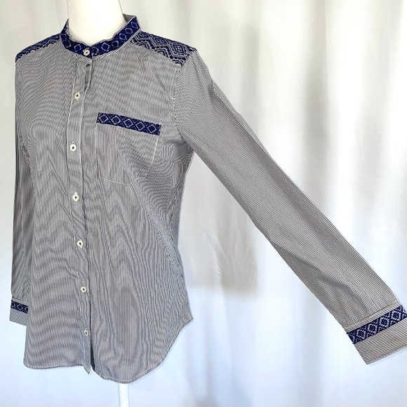 New C Wonder Embroidered Striped Collarless Button Down Shirt Indigo Size XS - Picture 5 of 16